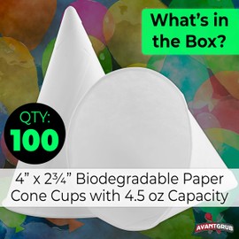 Eco-Friendly Wax Free 4.5oz White Paper Cone Cups 100Pk. Small Dispenser Cup for Shaved Ice, Office Water Cooler, Sports Teams, Fundraisers. Disposable Craft Funnel for Oil or Protein Powder Drink.