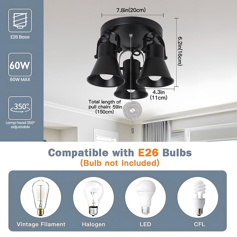 KEESFU Adjustable 3-Light Track Lighting with Pull Chain Switch, Modern