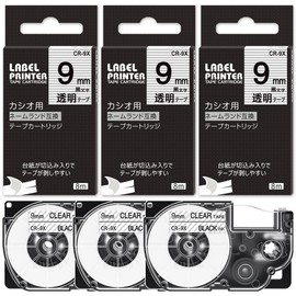 9mm Clear Compatible Casio Nameland Tape, 3 Pieces Black Letters XR-9X XR 9X CASIO Name Land Label Writer Tape 8m Length