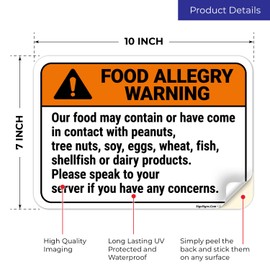 Sigo Signs, Our Food May Contain Or Have Come in Contact with Peanuts Tree Nuts Soy Eggs Wheat Sign, 10x7 Inches, 4 Mil Vinyl Decal Stickers Weather Resistant, Made in USA