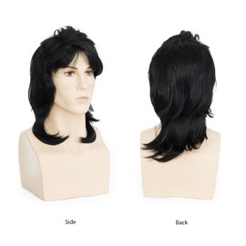 BUYOGET Mens Wig Black Mullet Wig 70s 80s Wigs for Men Sythetic 21 Inches Fancy Dress Rock Party Wigs for Cosplay Role-playing