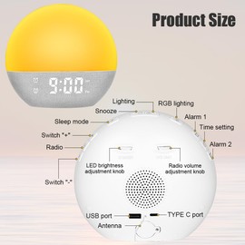 Ainiv Alarm Clock Wake Up Light with Sunrise/Sunset Simulation, 9Min Snooze Dual Alarms, 25 Sleep Sounds/FM Radio Bedroom Night Lamp, Adjustable 10+8 Colors Atmosphere Lamp, USB Port to Charge Phone