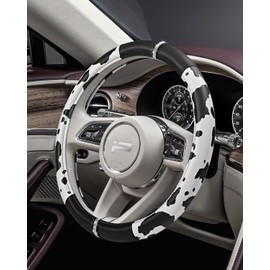 Road Comforts Cow Pattern Steering Wheel Cover - Made with PVC Leather - Anti-Slip, Universal Fit 14 1/2 inches to 15 inches