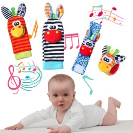 Baby Wrist Rattle Foot Finder Socks 4Pcs,Newborn Sensory Learning Toys for 0-3-6-12 Months, JOMWEN Cartoon Animal Rattles Tummy Time Toy Gift for Baby Boy Girl, Hand Bracelet Rattle Foot Socks