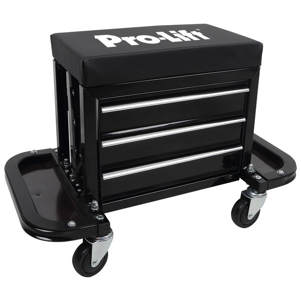 Pro-Lift Mechanic Roller Seat with Tool Box - 3-Drawer Rolling Tool Chest Stool with Padded Seat Cushion for Garage Creeper – 400 Lbs Capacity