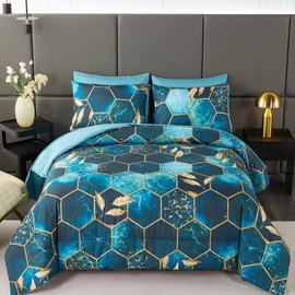 ANGIYUIN Teal and Gold Honeycomb Full Comforter Set, 7Pcs Geometric Hexagon Bedding Decor Gold Trim Bed in A Bag, Watercolor Foil Print Bed Comforter Sets with Sheets Pillowcases (Teal Full)