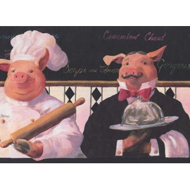 CONCORD WALLCOVERINGS ™ Restaurant Wallpaper Border Featuring French Chef and Waiter Pigs, Colors Pink White Black and Red, Size 11 Inches by 15 Feet KH5802B