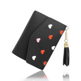 FuninCrea Women's Purse with Tassel Pendant, Folding PU Leather Purse Women's with Buckle, Three-Fold Purse, Women's Small Purse, Women's Heart-Shaped Pattern for Cash, Card, Coin, black, Fashionable