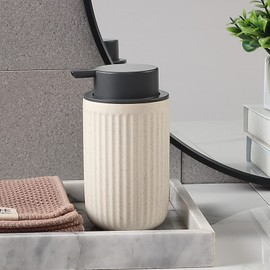 BSDISP Foaming Soap Dispenser - Ceramic Foam Hand Dish Liquid Soap Dispenser for Bathroom, 12 oz refillable Lotion Soap Dispenser with Grey Pump, Modern Bathroom Decor, Beige