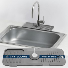 14.6” Silicone Faucet Mat For Kitchen Sink, Kitchen Sink Splash Guard Behind Faucet, Drip Catcher Tray with Holes, Long Sinkmat Pad for Fast Draining & Backsplash Protector, Back Wrap Drying Cover Mat