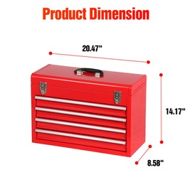 TANKSTORM Portable Steel Tool Chest with Drawers,20.6" 4-Drawer Box Storage Organizer Cabinet Metal Toolbox with Ball Bearing Slides, Black(X4 Red)