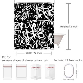 Emvency White Graffiti Shower Curtain Print Abstract Tags Letters Without Meaning Hand Drawing Street Retro Old School Black Polyester Fabric Bathroom Curtain 72x72 Set with Hooks