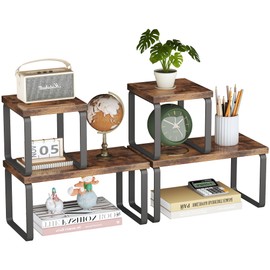 Homeiju Wooden Desktop Organizer Shelf, 2-Tier Adjustable Freestanding Bookshelf Desk Shelf, Stackable Desk Organizer for Office, Dorm, Bedroom, Space Saving, Easy Assembly, Rustic Brown (2 Pack)