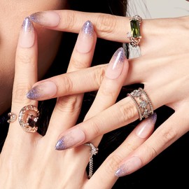 Press On Nails GLAMERMAID Almond Medium Handmade French Tip Glitter Press On Nails Reusable Stick On Nails, Supremely Fit & Natural Fake Nail with Nail Glue in 12 Sizes - 24 Nail Kit