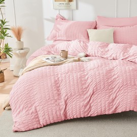 HYMOKEGE Pink Twin Comforter Set Seersucker 5 Pieces, All Season Luxury Bed in a Bag for Bedroom, Bedding Set with Comforters, Sheets, Pillowcase & Sham