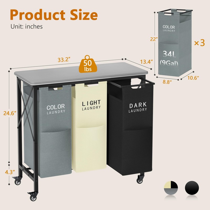 Gewudraw 3 Section Laundry Sorter with Ironing Board, Laundry Hamper