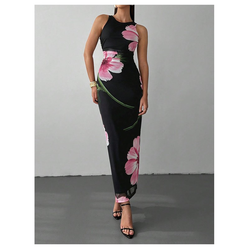 Milumia Women's Floral Mesh Maxi Dress Sleeveless Crew Neck Ruched