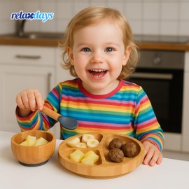 Relaxdays Children's Crockery with Suction Cup, 3-Piece Set, Plate, Bowl & Spoon, Bamboo, Divided Baby Plate, Natural/Grey