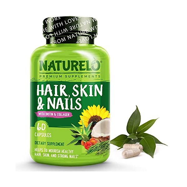 NATURELO Hair, Skin and Nails Vitamins - 5000 mcg Biotin, Collagen, Natural Vitamin E - Supplement for Healthy Skin, Hair Growth for Women and Men – 60 Capsules