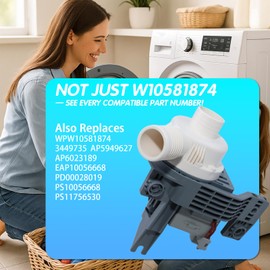 W10581874 Washer Drain Pump for Whirlpool Maytag Kenmore – Replaces WPW10581874, 3449735 – Fits WTW7000DW0 WTW7300DW0 MVWB835DW0 11025132410 – Whirlpool Washer Drain Pump Replacement 120 V 60 Hz