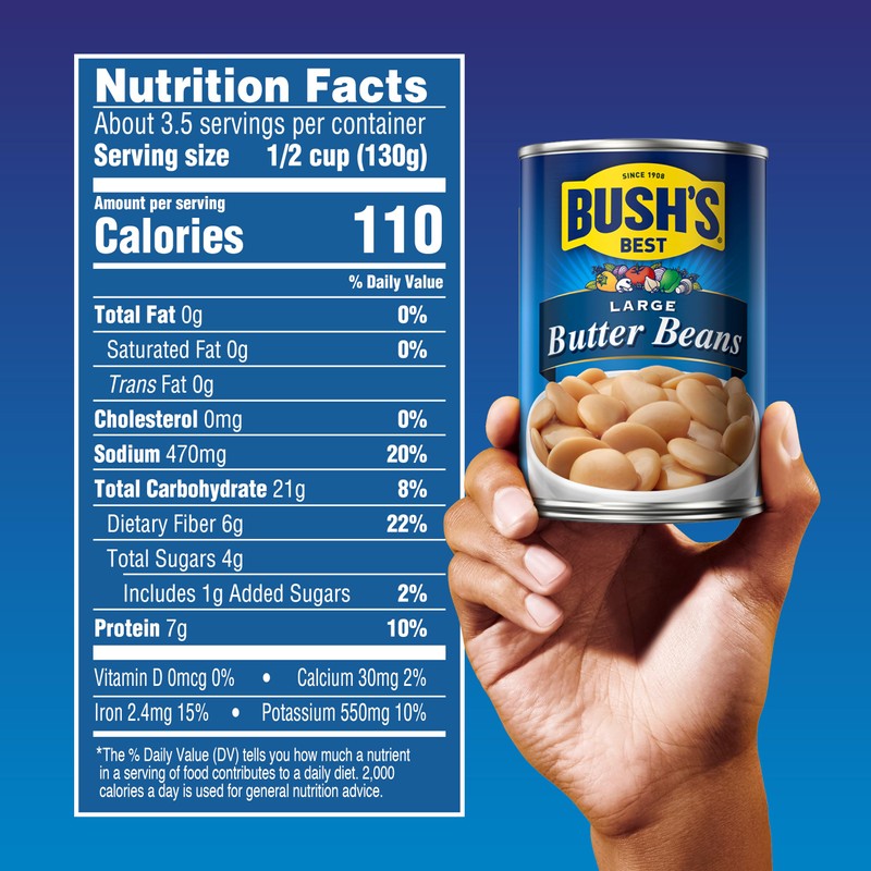 BUSH'S BEST 16 oz Canned Large Butter Beans, Source of