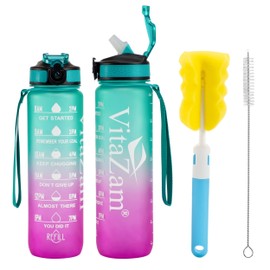 VitaZam New 1 Litre Water Bottle, Motivational Water Bottle with Time Markings, BPA Free, Leak Proof Lock Cover and Bottle Brush, Bottle for Gym, School/Office, Sports and Outdoor (c green/pink WB)