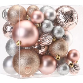 Sea Team 36-Pack Shatterproof Plastic Christmas Ball Ornaments Set, Multi-Size Christmas Baubles, Hanging Decorations for Xmas Tree, Wreath, Garland, Rose Gold