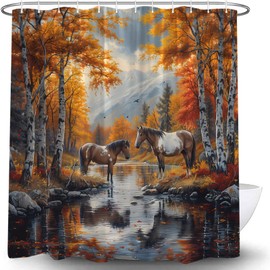 Fall Forest Horse Shower Curtain Rustic Wildlife Animal Autumn Nature Scenic Vintage Outdoor Brown Horse River Pine Tree Hunting Lodge Farmhouse Western Country Bath Curtains with Hook,70x70 Inch