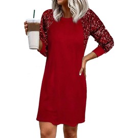 LOTUCY Sequin Raglan Long Sleeve Dress Christmas Party Casual Mini Dresses Sparkle Loose Fit Shiny Glitter Dresses Red