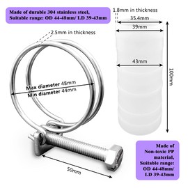 ZANPOON 4 Pcs Double Wire Hose Clips with 2 Pcs Inline Pond Hose Connector Jointer, Adjustable 304 Stainless Steel Hose Clamps, Suitable for Home and Industry (40 mm/ 1.5 inch)