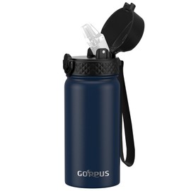 Kids Water Bottle, GOPPUS 14 Oz Stainless Steel Travel Bottle, Double Wall Vacuum Leak Proof Kids Cup for School Boys Girls, Navy Blue