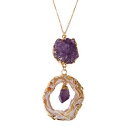 T. VICTORIA - Purple Amethyst Cluster Agate Slice Geode Drop Gemstone Pendant