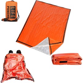 JUBSOSCAMP - Saco de dormir de emergencia, bolsa de supervivencia de película de poliéster con cordón y silbato para terremotos, huracanes, senderismo, camping (1 bolsa de dormir doble naranja)
