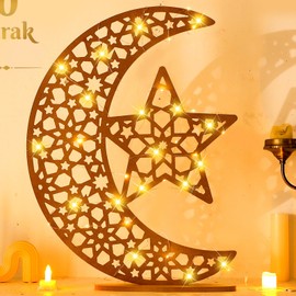 DoubleFill Eid Crafts Night Light Wooden Ramadan Star Crescent Mubarak Lamp Decor Glittery Moon Eid Decor with Battery Operated LED Eid Ornament Gift for Holiday Table Party