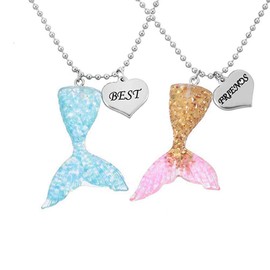 MJartoria BFF Necklaces for 2-Best Friends Nekclaces Cute Blue and Gold Color Mermaid Tail Pendant with Silver Heart Charms Best Friends Engraved Friendship Necklaces Gifts