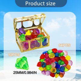 Treasure Chest, Pirate Treasure Containing 64 Gemstones and 10 Diamond with Holes, Each Approximately 2.5 Inches in Size, Designed for Kids as Water Pool Play Toys
