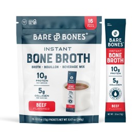 Bare Bones Beef Bone Broth Instant Powdered Mix | Rich Savory Packets on-the-Go No Artificial Flavors | Keto & Paleo Friendly | 10g Protein | 16 Pack
