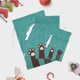 Cat Dog Paws Cute 3 Pack Christmas Gift Bags, Drawstring Xmas Bag, Gift Wrapper Bag for Holiday and Parties