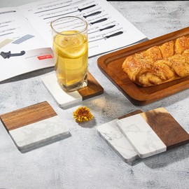 4Pcs Marble Wood Splicing Coasters for Drinks - Square Natural Wood Drink Coasters Set Modern Home Decor, Suitable for Desktop Decoration Such As Coffee, Tea, and Beverages (White)