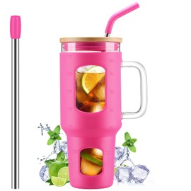 WINSA Glass Tumbler with Straw and Lid, 40 oz Glass Cup with Handle, Glass Water Bottles with Time Marker, 2 Straws - Pearl Straw & Drinking Straw Silicone Protective Sleeve-Rose Red