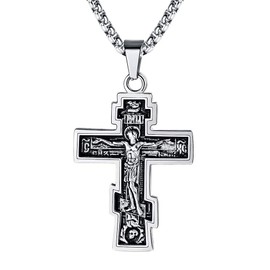 FaithHeart Men's Orthodox Cross Necklace, Stainless Steel Russian Eastern Jesus Cross Pendant Protection Jewellery