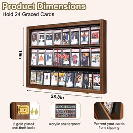 24 Graded Sport Card Display Case Wall Mount Baseball Card Display Case with Clear View and UV Protection Acrylic Door for Baseball Football Basketball Hockey Trading Card Collection,Horizontal Walnut
