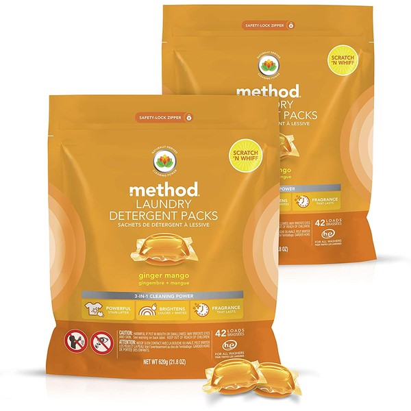 Method Laundry Detergent Packs, Hypoallergenic Formula & Plant-Based Stain Remover Solution that Works in Hot & Cold Water, Ginger Mango Scent, 42 Packs per Bag, 2 Pack (84 Loads), Packaging May Vary