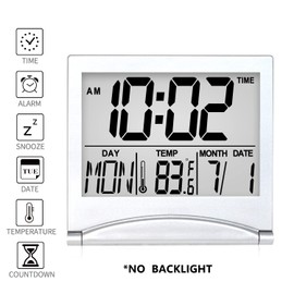 Betus Digital Travel Alarm Clock - Foldable Calendar Temperature Timer LCD Clock with Snooze Mode - Large Number Display, Battery Operated - Compact Desk Clock for All Ages (Silver Pack of 2)