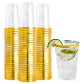 FOCUSLINE 100 Pack 12 oz Gold Rimmed Plastic Cups, 12 Ounce Clear Plastic Tumblers, Heavy-duty & Fancy Disposable Hard Cups with Gold Rim for Wedding