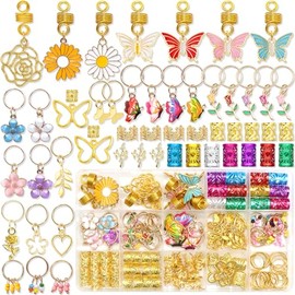 NAISKA 146PCS Gold Hair Jewelry with Butterfly Flower Charms, Metal Alloy Hair Coils, Rings, Cuffs and Decorations for Locs, Dreadlocks and Braids - H