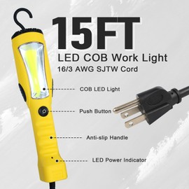 EP 15 Ft LED Work Light, 1200 Lumen COB LED Trouble Light - 16 Gauge SJTW Indoor Outdoor Extension Cord, Handheld, Magnetic Base, Rotatable Hanging Hook - Yellow