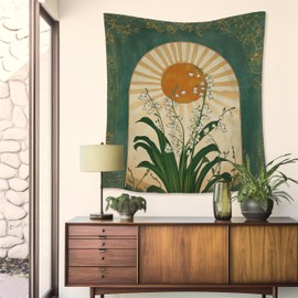 HUGANE Emerald Green Lily of the Valley Boho Sun Tapestry, Mystical Folk Botanical Wall Tapestries, Vintage Boho Sunshine Flower Hanging Wall Decor for Bedroom Living Room Home Office