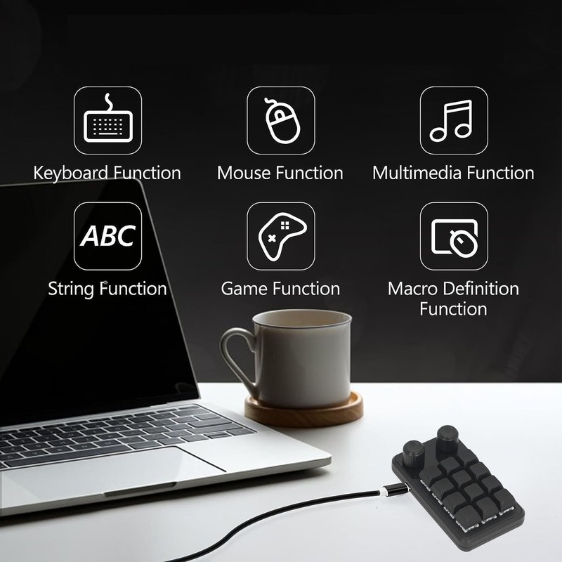 Mini Gaming Keypad 12 Keys 2 Knobs Blue Switch Black