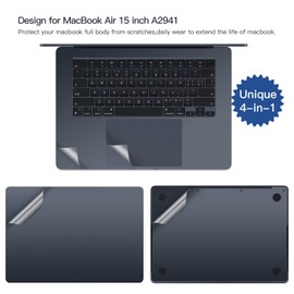 CaseBuy MacBook Air 15 inch Full Body Protector Skin(4 in 1), PalmRest Cover Decals Sticker/Top/Bottom/Trackpad Protector for 2023 MacBook Air 15" M2 Chip Model A2941 Accessories -Midnight